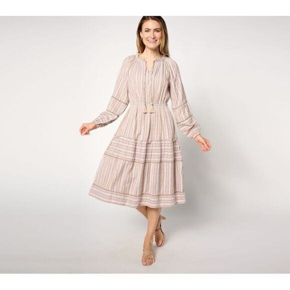 Destination 365 Striped Midi Dress Womens LP‎ Beige Peasant Prairie Cottage NWT